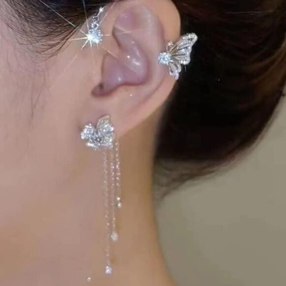 2PCS Butterfly Tassel Zircon Earrings and Ear Cuffs - No Piercing Flower Climber - Picture 3 of 7